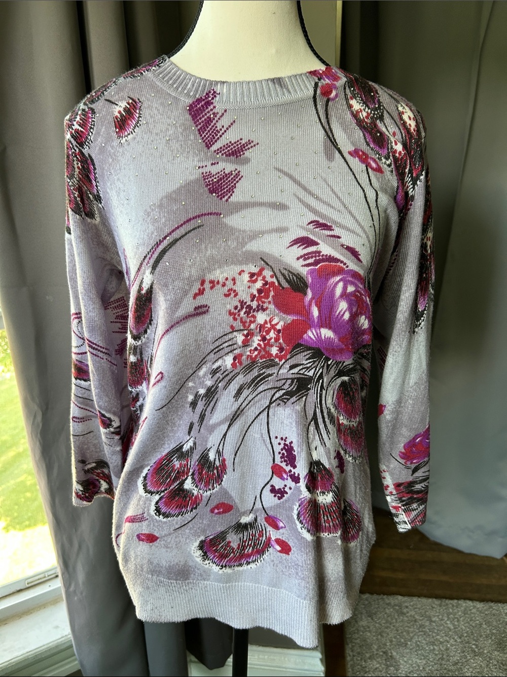 Cathy Daniels Lavender Floral Crew Neck Sweater with Pink & Black Accents